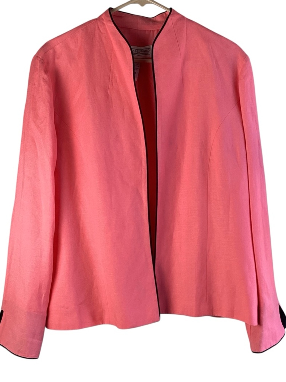 Jessica Howard Coral-Pink Open Front Blazer jacket  with Black Trim linen blend